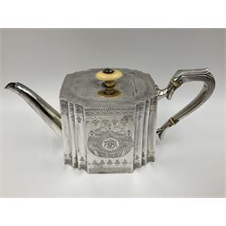 Victorian three-piece silver tea service, comprising teapot, twin handled open sucrier and milk jug, of oval form with shaped rim and C handles, each engraved with crests and bands of strapwork decoration, the milk jug and sucrier with gilt interiors, hallmarked Josiah Williams & Co, Exeter 1881, the teapot with ivory insulators and finial, all contained with a tooled leather, blue silk and velvet lined fitted case, retailed by West & Sun, Dublin 
This item has been registered for sale under Section 10 of the APHA Ivory Act