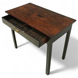 George III stained mahogany side table, rectangular top with aged finish, fitted drawer with brass swing handle on square legs