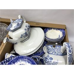 Quantity of ceramics and glassware to include Goss crested ware and similar examples, glass epergne, glass claret jug, royal commemorative ware etc, in four boxes 