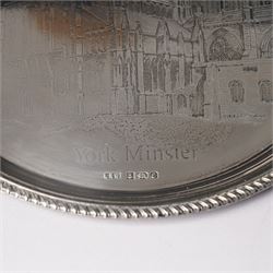 Silver circular York Minster salver with gadrooned border engraved with a view of the Minster in case D21cm Birmingham 1979 Maker Laurence Watson & Co
