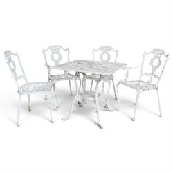 Regency design white-painted aluminium garden table, square pierced top with scrolling acanthus leaf decoration, splayed supports joined by pierced circular under-tier (W75cm H72cm), the chairs with scrolling and floral garland design backs over pierced foliate seats with cabriole supports (W48cm H90)