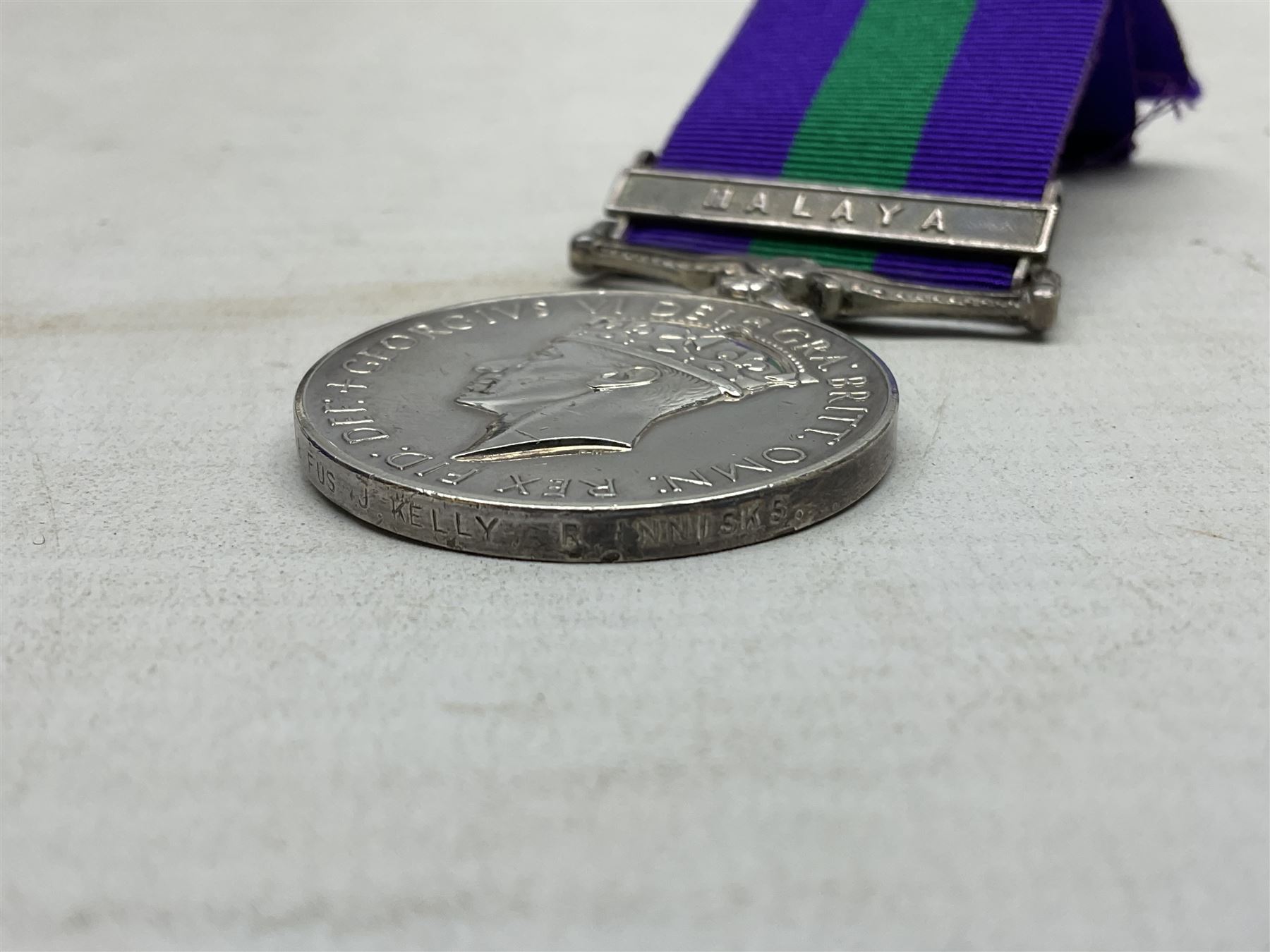 George VI General Service Medal with Malaya clasp awarded to 21126578 Fus. J. Kelly R. Innisks.; with ribbon