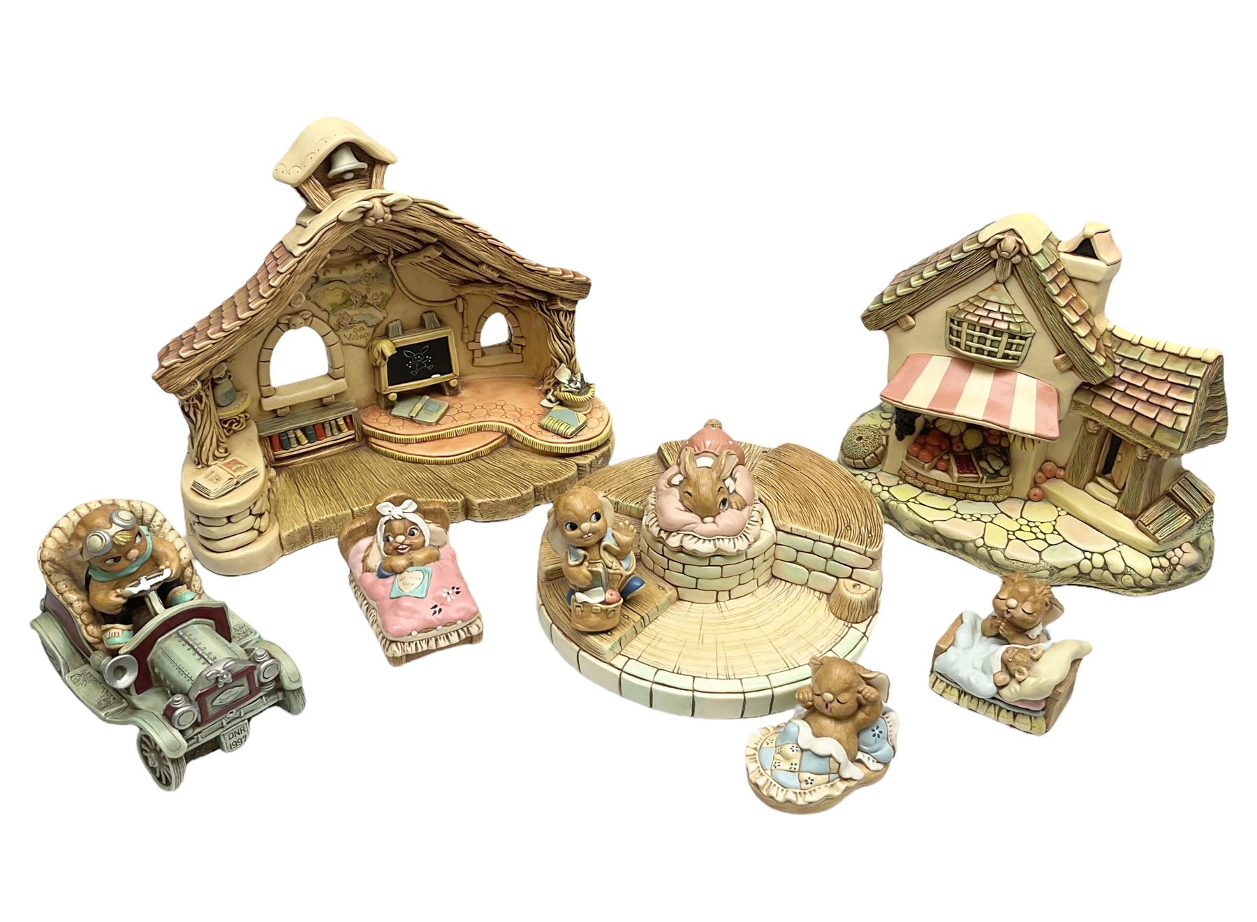 Collection of Pendelfin figures to include Band Stand 'Fruit Shop' and school house displays and six figures