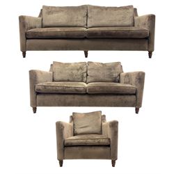 Duresta - three piece 'Finsbury' lounge suite comprising one three-seat sofa, a two-seat sofa and armchair, upholstered in mink coloured velvet, with box seat cushions and deep seat over tapered arms on short stained bun feet (Three seat H 80cm, W 207cm, D105cm, two seat H80cm, W168cm, D105cm, armchair H80cm, W89cm, D105cm)    