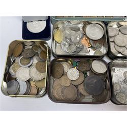 Great British and World coins, including George I 1723 farthing, Queen Victoria 1875 halfcrown, King George V one shilling, pre decimal coinage, commemorative crowns, United States of America 1921 Morgan dollar with soldered loop attached etc