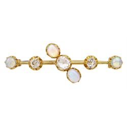 Early 20th century 15ct gold opal and diamond brooch, the central rose cut diamond, with old cut diamonds set either side, total diamond weight approx 0.60 carat