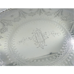 Victorian silver salver, engraved swag and foliate decoration, on three scroll feet by Elkington & Co, Birmingham 1878, approx 24.2oz