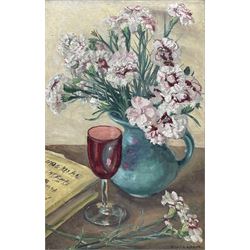 Mavis Blackburn (British 1923-): Still Life of Red Wine Glass and Peonies in a Jug, oil on board signed 43cm x 28cm