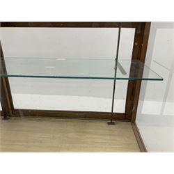 Mid century oak framed glazed display counter, two sliding doors, glazed shelves W182cm, H91cm, D61cm