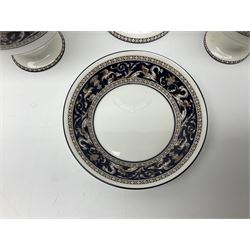 Wedgwood navy Florentine pattern coffee service for six, comprising coffeepot, coffee cans and saucers, milk jug, twin handled covered sucrier and small dish