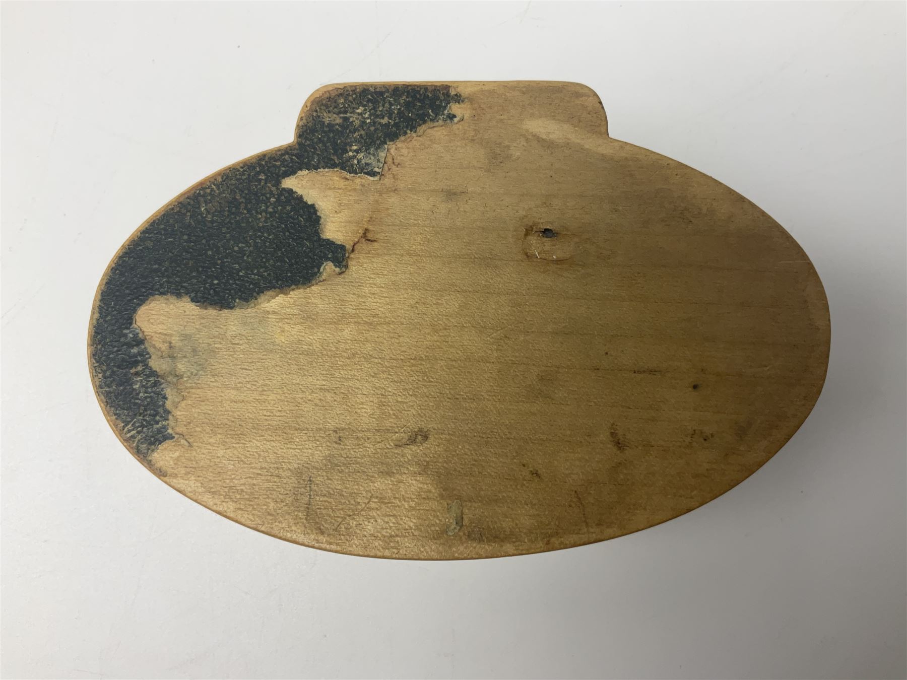 Six sewing related Mauchline ware comprising an oval reel box with internal label for Clark & Co's, tape measure, pin case and three thimble holders of ovoid form 