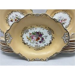 Victorian part dessert service, including eighteen plates, four small serving dishes, shallow dish, etc hand painted with floral sprigs within a cream border with floral panels, and heightened in gilt (26cm)