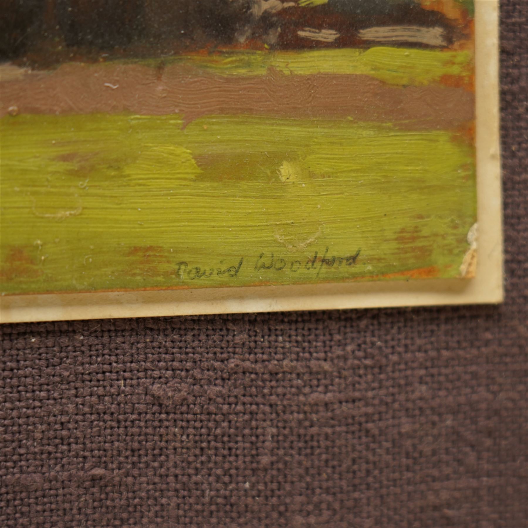 David Woodford (British 1938-): Eryri Landscape with Houses, oil on board signed 17cm x 26cm