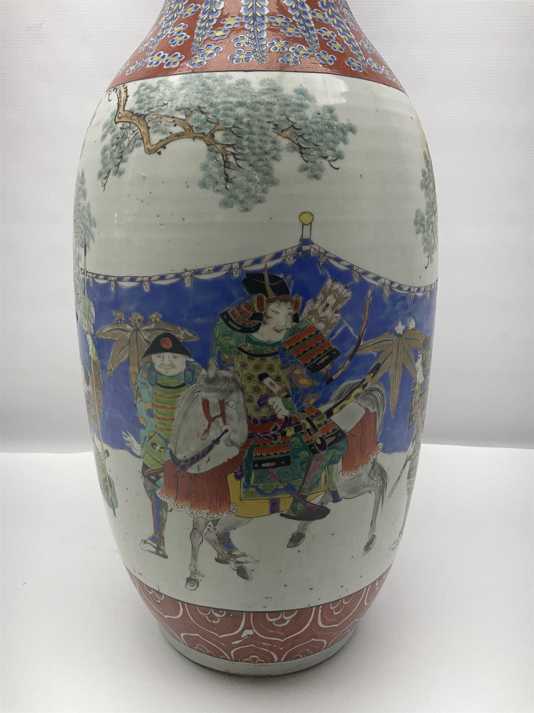 19th century Chinese floor vase of baluster form, hand painted with warriors and the emperor, the neck decorated with floral patterns and panels with landscapes, H64cm