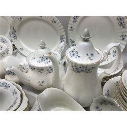 Extensive Richmond Blue Rock pattern part tea and dinner service, to include seven dinner plates, nine smaller plates, three lidded twin handled tureens, two teapots and two coffee pots, eleven bowls, cake stand, six twin handled soup bowls and saucers, six teacups, four coffee cups, milk jugs, sucrier, cake plate, salt and pepper shakers, other plates, dishes, bowls, side plates and many spares etc