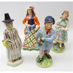  Four 19th century Staffordshire figures: Jenny Jones, H31.5cm, Lady with walking cane and hat, H32.5cm and lady & gent collecting flowers (3) Provenance: From a Private Yorkshire Collector  