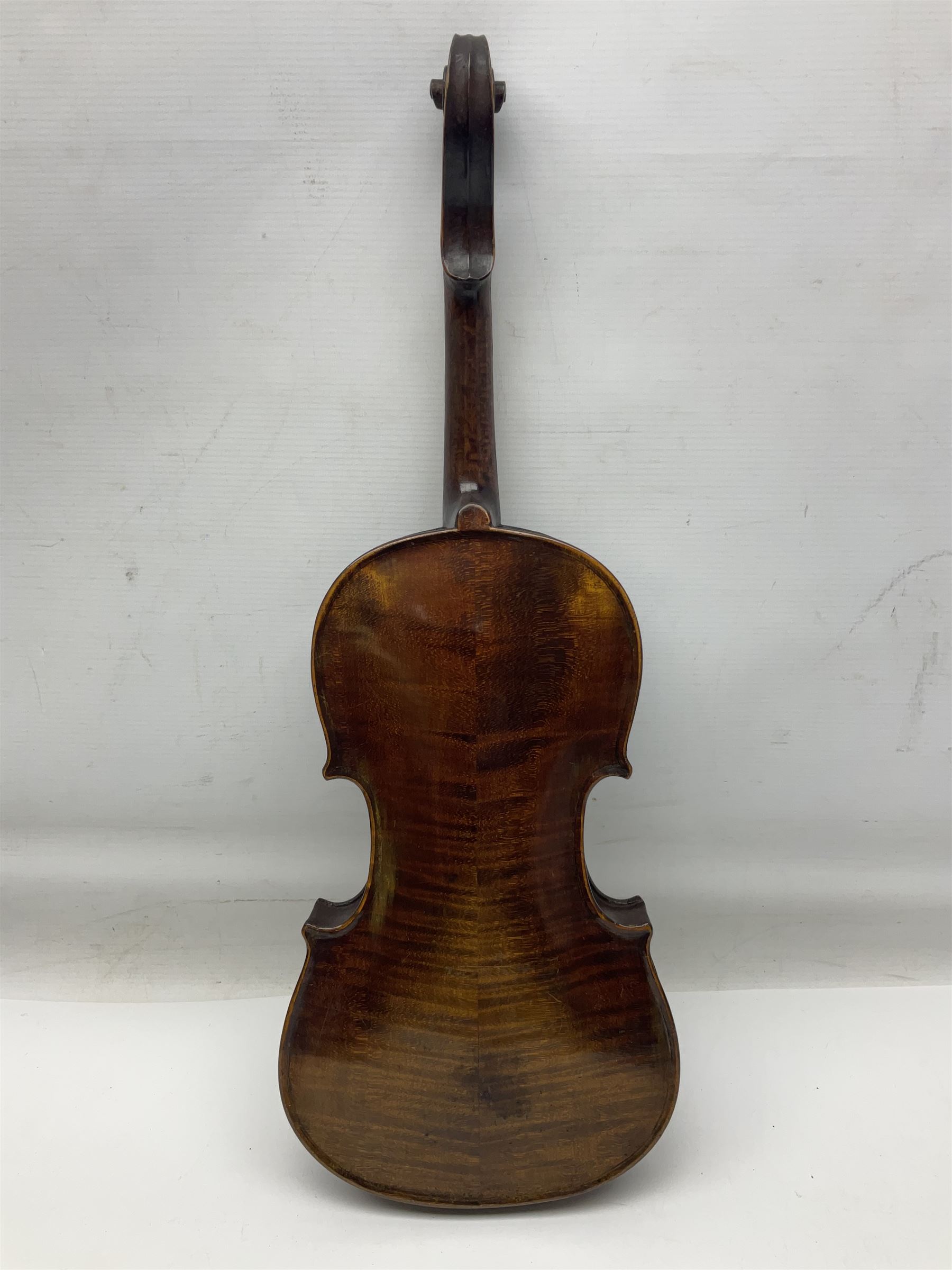 German trade violin c1900 stamped PAGANINI with 35.5cm two-piece maple back and ribs and spruce top L58.5cm overall; in carrying case; and another German trade violin for spares or repair; in carrying case (2)