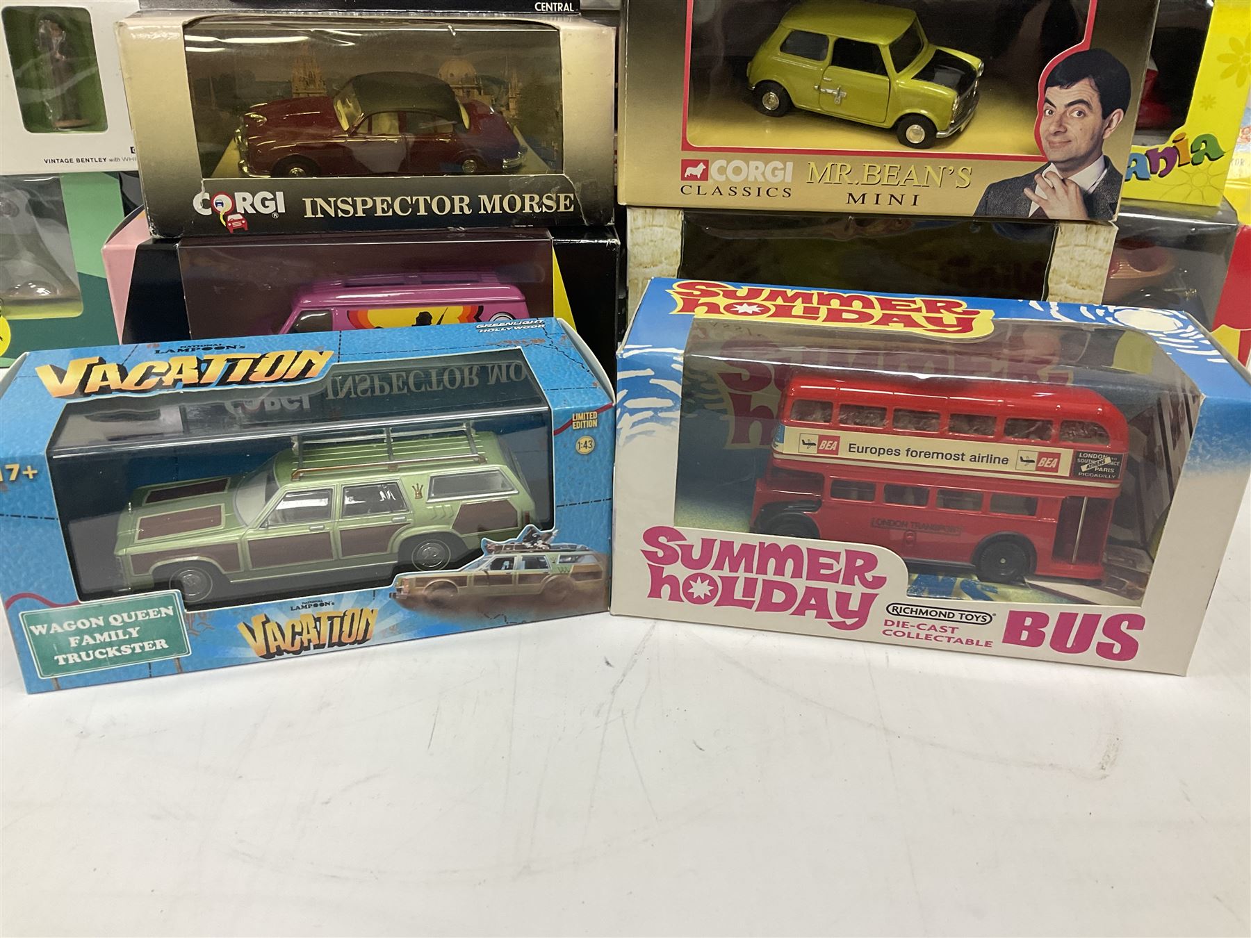 Corgi - seventeen TV/Film related die-cast models including Last of the Summer Wine, Charlie's Angels, Starsky & Hutch, Inspector Morse, Lovejoy, Mr. Bean, Chitty Chitty Bang Bang, Monkees, Fawlty Towers, Green Hornet, Summer Holiday, National Lampoon Vacation etc; all boxed (17)