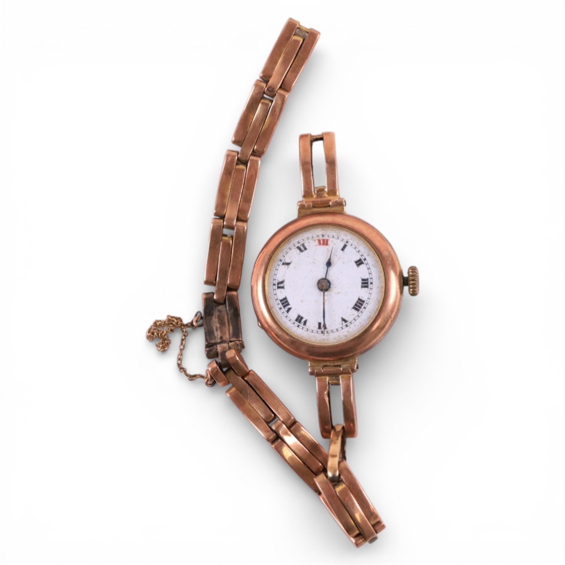 Early 20th century 9ct rose gold manual wind wristwatch, hallmarked,  on rose gold expanding bracelet, stamped 9ct