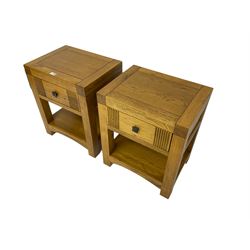 Pair oak bedsides or lamp tables, fitted with drawer and undertier