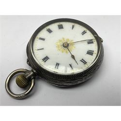 9ct gold pear butterfly brooch, 9ct gold stone set ring and an silver fob watch, all stamped or hallmarked 