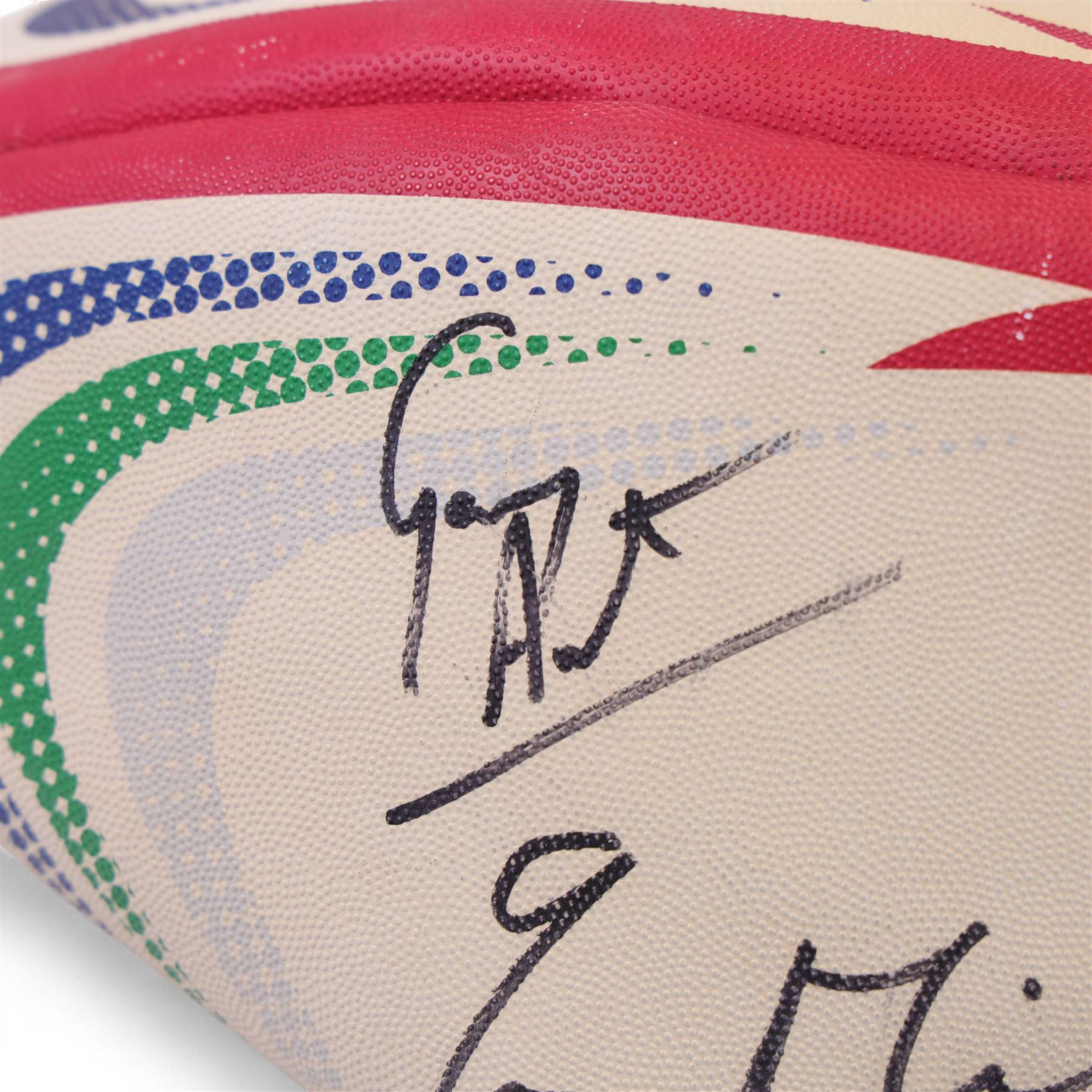 Three signed rugby balls, including 2017 Lions Tour Rhino Jumbo ball, signed by eight players, including Greig Laidlaw, Rugby world cup 2003 example and a 2001 British Lions example