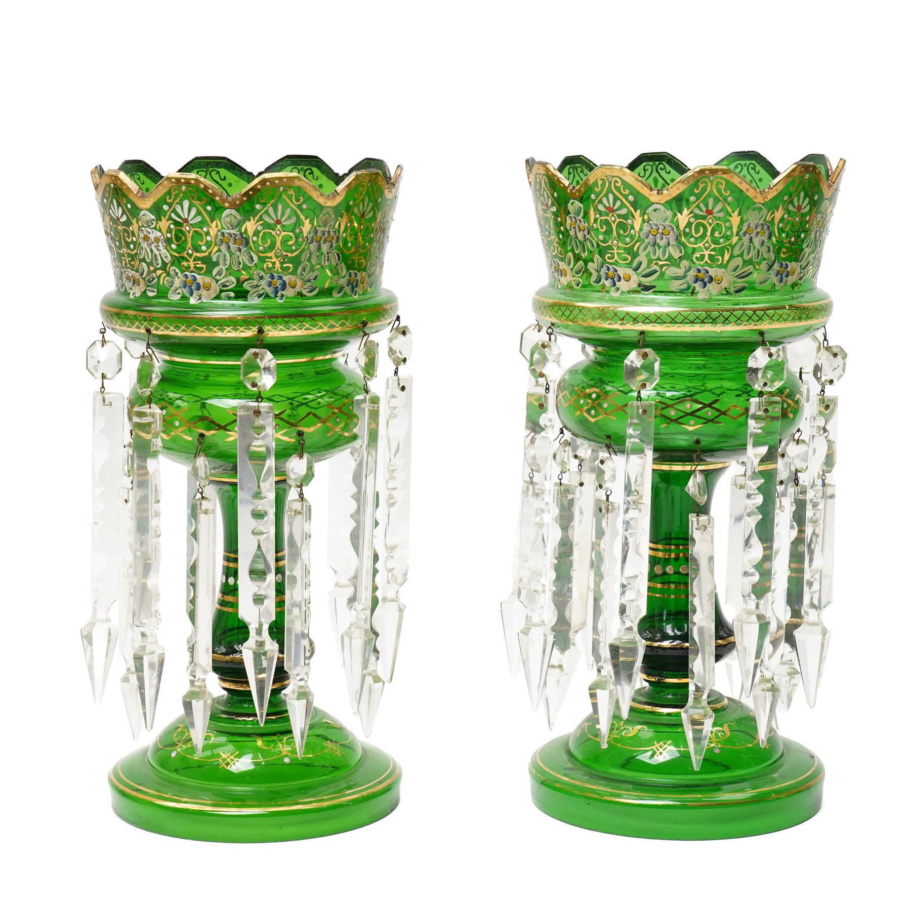 Pair of Victorian green glass mantle vases decorated with flowers in gilt and hung with spear cut lustre drops, H35cm (2)