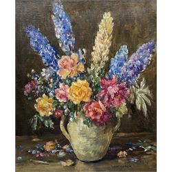 Owen Bowen (Staithes Group 1873-1967): Still Life of Roses and Delphiniums, oil on canvas signed, inscribed 'Exhibited at the Royal Cambrian Society' verso 60cm x 50cm