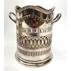  A selection of silver plate, to include eight swing handled dishes, with pierced, fluted and floral embossed decoration, a bottle coaster, a pierced champagne sleeve, three pierced twin handled holders, etc.   