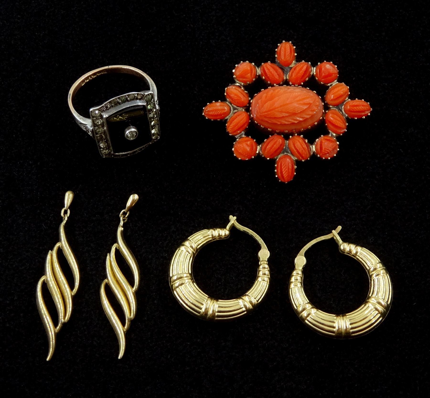 Victorian gold carved coral brooch, stone set ring stamped 9ct & sil ...