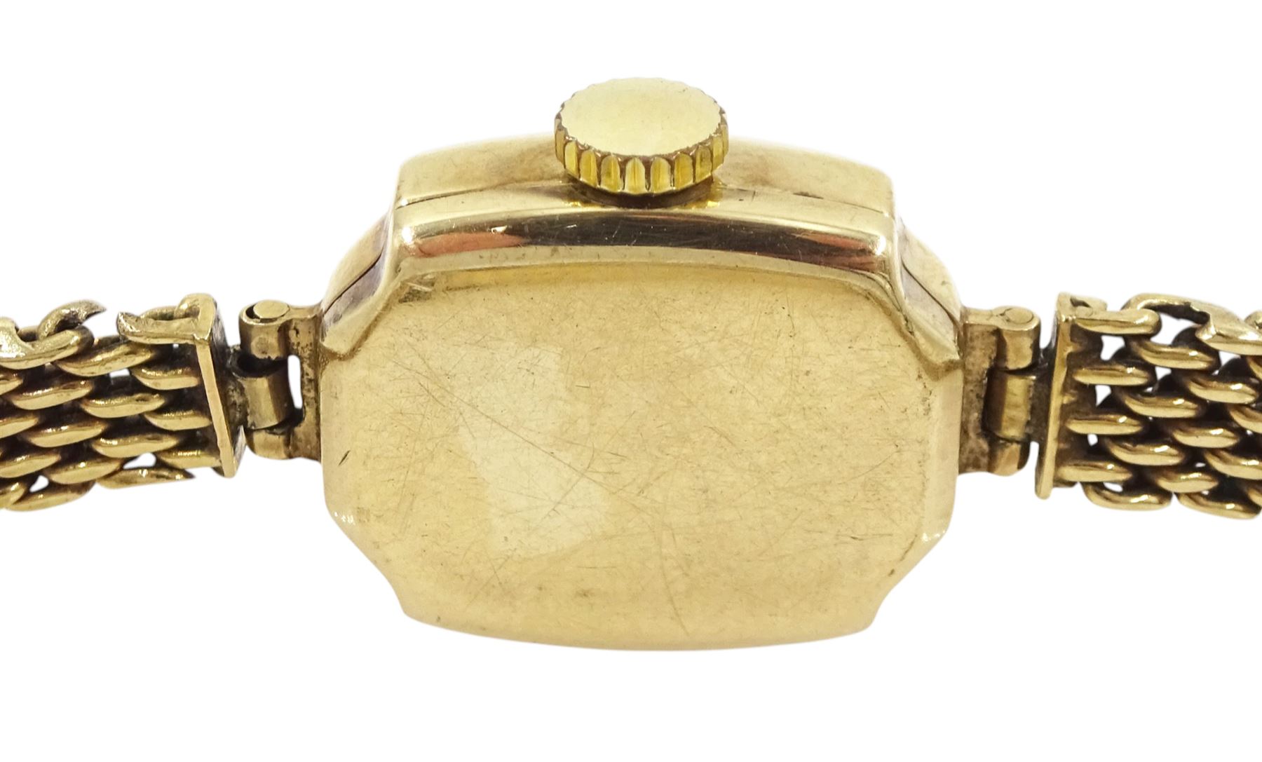 Uno ladies 9ct gold manual wind wristwatch, silvered dial with baton hour markers, on integral 9ct bracelet, hallmarked