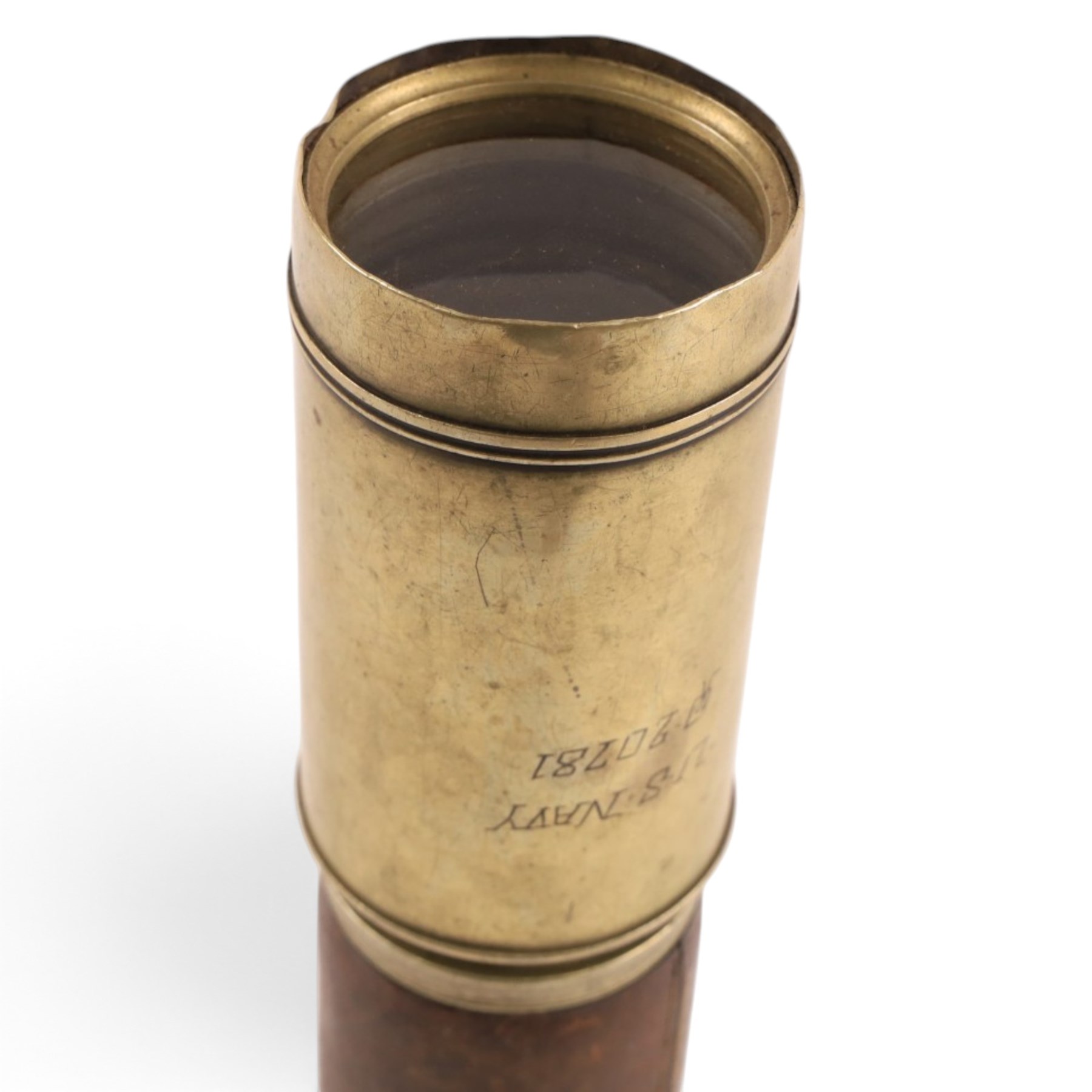 Early 20th century leather-bound three drawer brass telescope, inscribed 'Presented to The United States Government by Weedon Dawes Williams 24 State Street New York January 30 1918 US Navy no.20781', full length L75cm