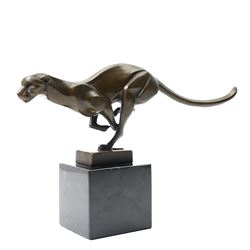 Bronze figure of running cheetah, upon a rectangular marble base, signed and with foundry ...