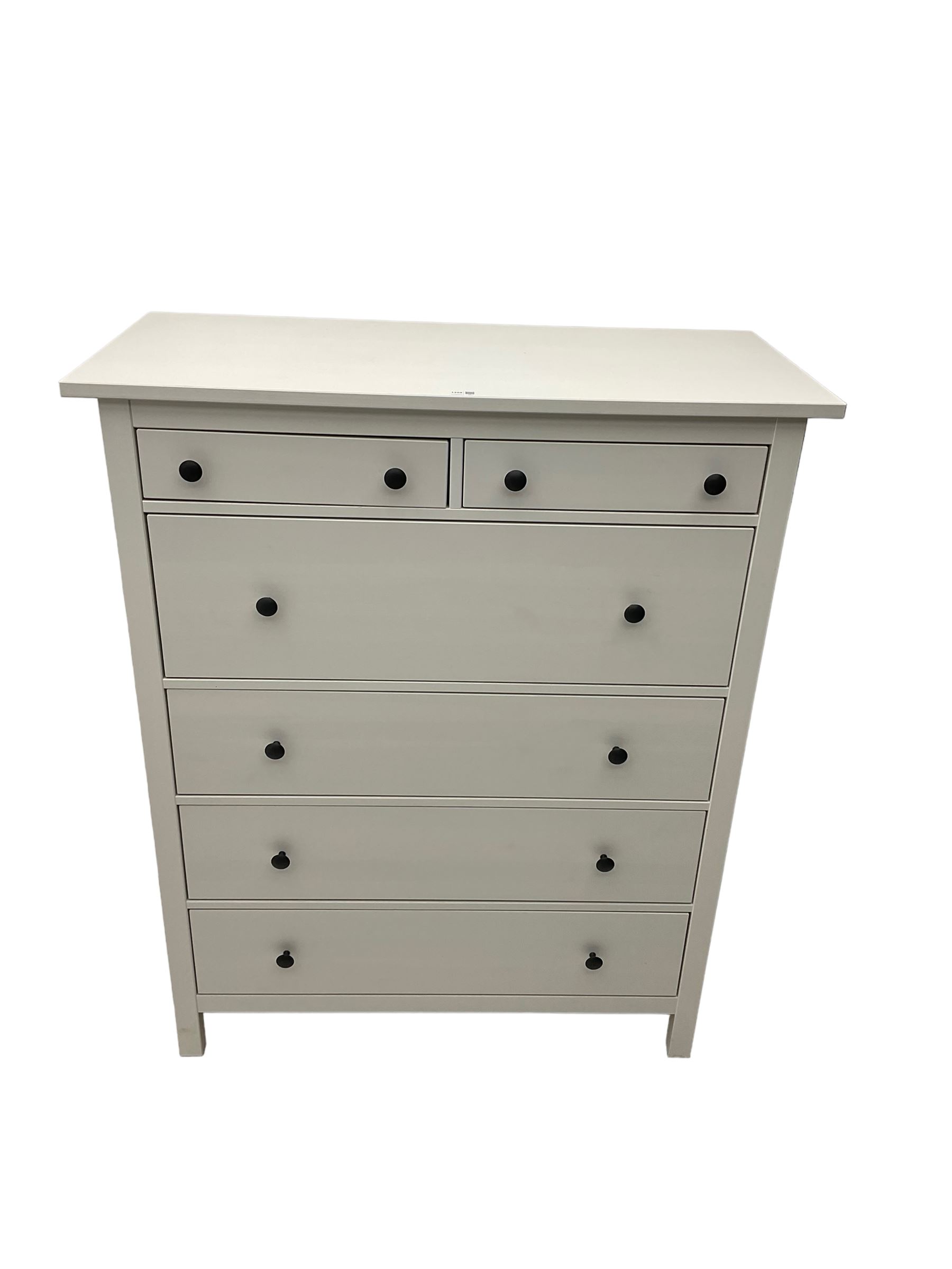 IKEA - 'Hemnes' white finish straight-front chest, fitted with two short and four long drawers; and IKEA - 'Hemnes' pair white finish bedside chests, fitted with two drawers