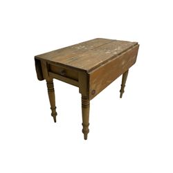 Victorian pine drop leaf table, with drawer, circular pine pedestal table, pine side table and two plate racks (5)