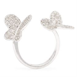 18ct white gold diamond butterfly ring, pave set with single cut diamonds, stamped 750