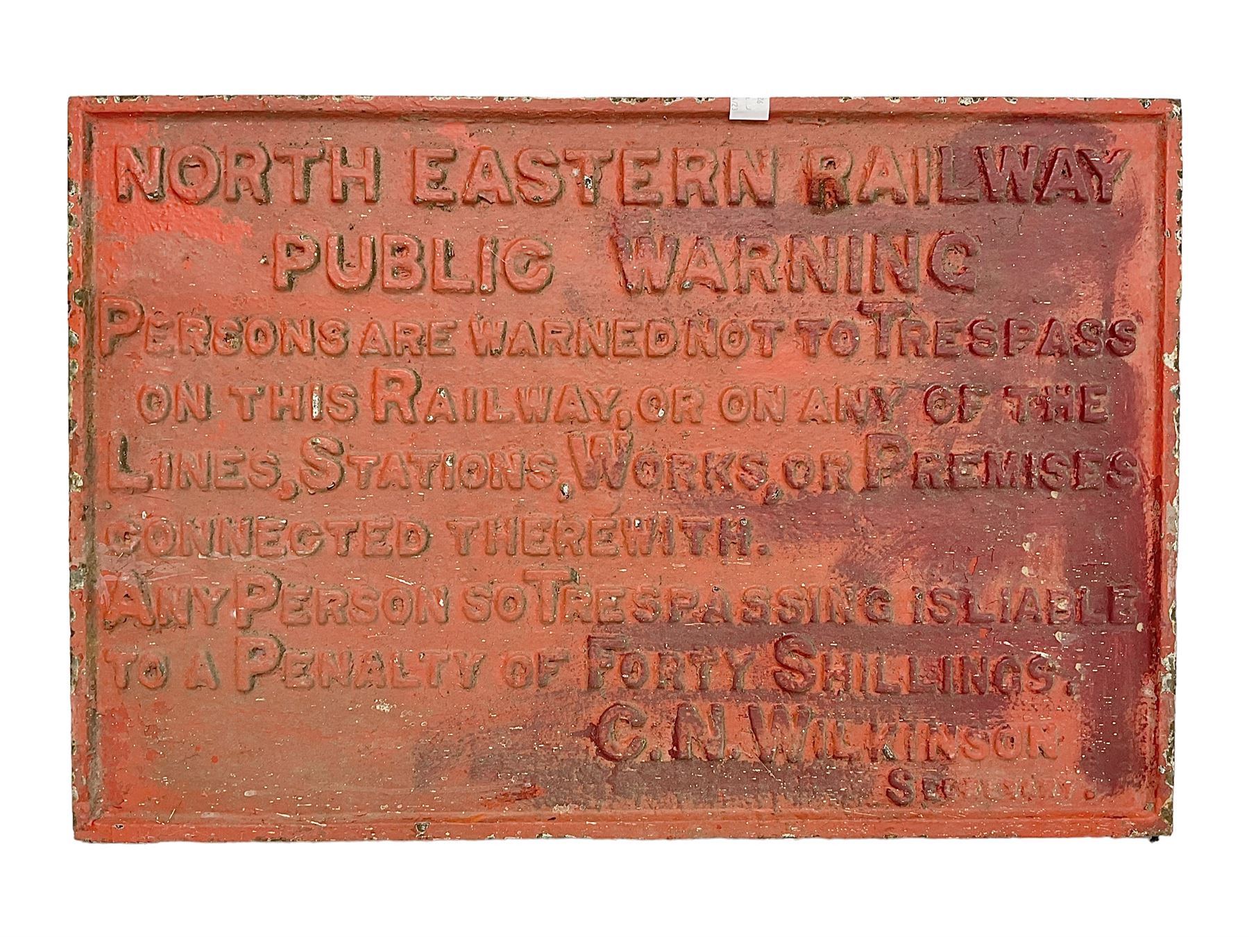 North Eastern Railway cast iron Public Railway sign, H60cm, L91cm