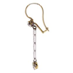 Pair of Art Deco platinum and gold, milgrain set old cut diamond pendant stud earrings, total diamond weight approx 0.70 carat
