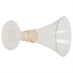 Gillies Jones of Rosedale oversized wine glass, decorated with white abstract decoration, together with a smaller Gillies Jones of Rosedale trumpet shaped wine glass with applied coloured glass ribbon to stem and a Deborah Fladgate purple fluted glass dish, all signed to base, tallest H24.5cm