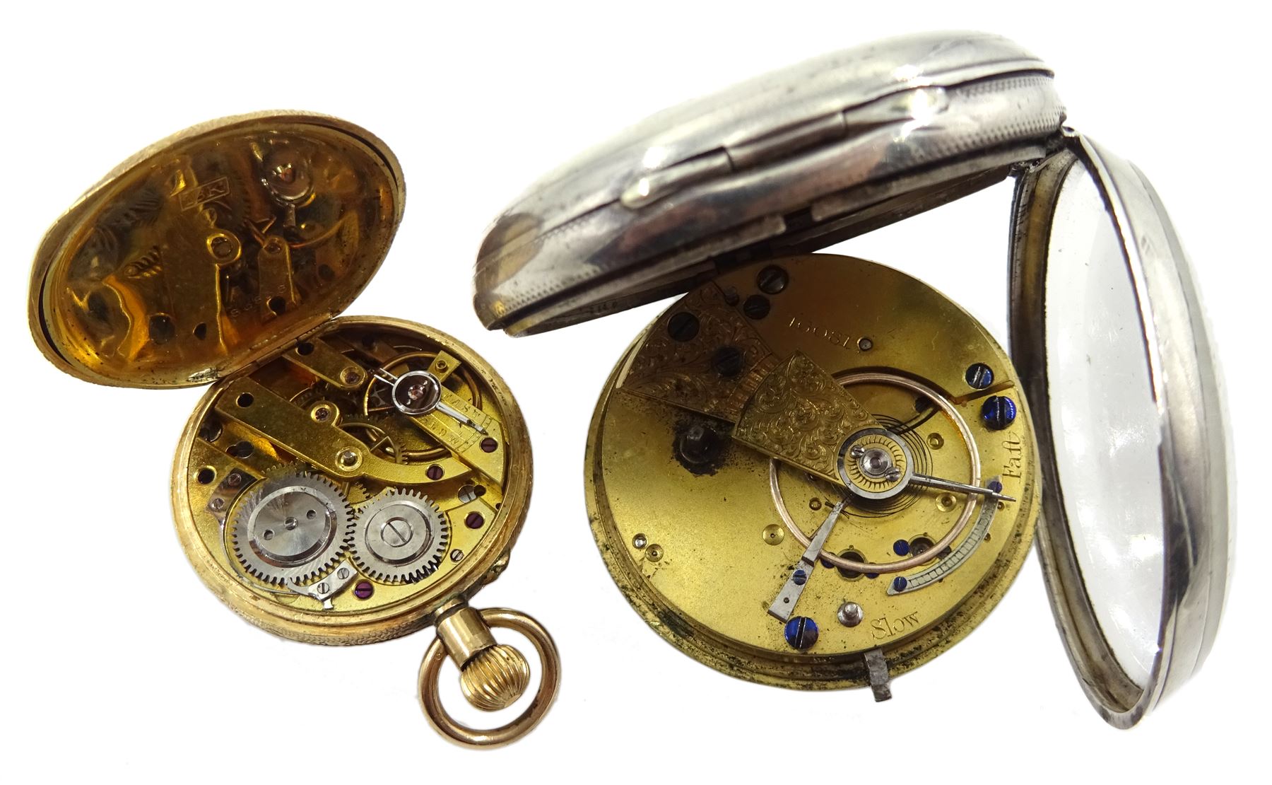 Swiss 18ct gold gold keyless cylinder fob watch, stamped 18K with Helvetia head and a silver keyless lever pocket watch, No. 16081black enamel dial numbered 41000, case makers mark JW, London 1927