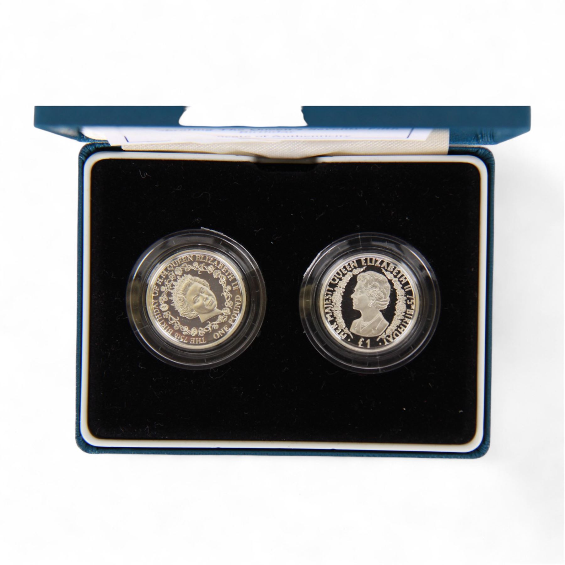 Six Queen Elizabeth II The Royal Mint silver coins or sets, comprising Falkland Islands 1983 '150th Anniversary' fifty pence, Belize 1992 '50th Anniversary Battle of El Alamein 1942-1992' five dollars two coin set, Guernsey 1995 'Queen Elizabeth The Queen Mother 95th Birthday' one pound, Barbados 1997 'Golden Wedding Anniversary' one dollar, Alderney and Guernsey 2001 'Celebrating The Queen's Seventy-Fifth Birthday' one pound two coin set and Alderney and Guernsey 'Celebrating The Queen's Seventy-Fifth Birthday' five pounds two coin set, all cased with certificates