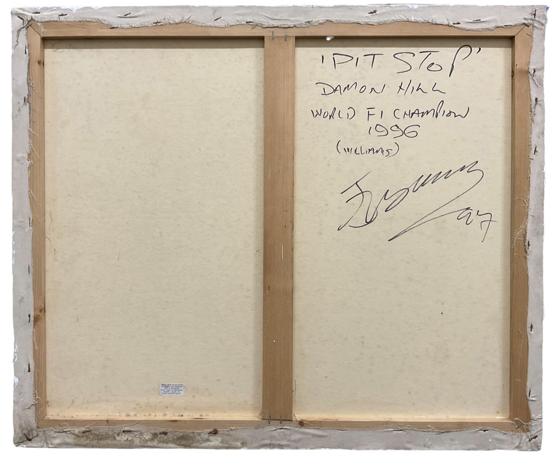 James Lishman (British 1931-2024): 'Pit Stop - Damon Hill World Formula 1 Champion 1996' and 'Rounding the Horn', two oils on canvas signed, titled and dated '97 verso 66cm x 79cm (2) (unframed)