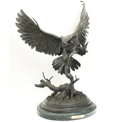 After Jules Moigniez (French 1835-1894): Large bronze sculpture of an Owl with talons outs...
