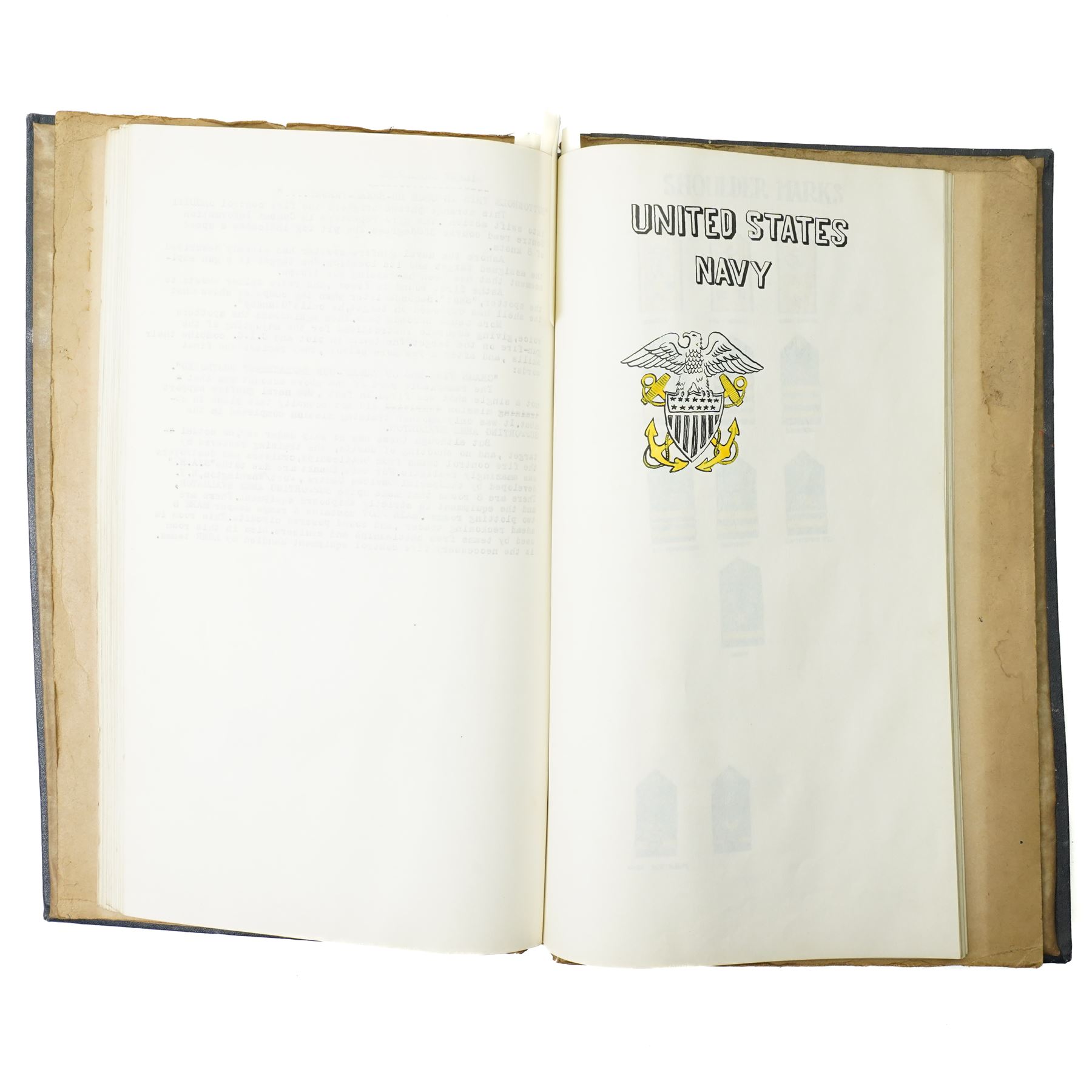 Folder containing a comprehensive collection of watercolours of WWII military emblems including U.S.Army Insignia, British Chevrons, Division Insignia, U.S. Army Divisions, Medals, Weapons etc with typed information, approximately sixty five pages with many illustrations  probably late 1940s/ early 1950s 