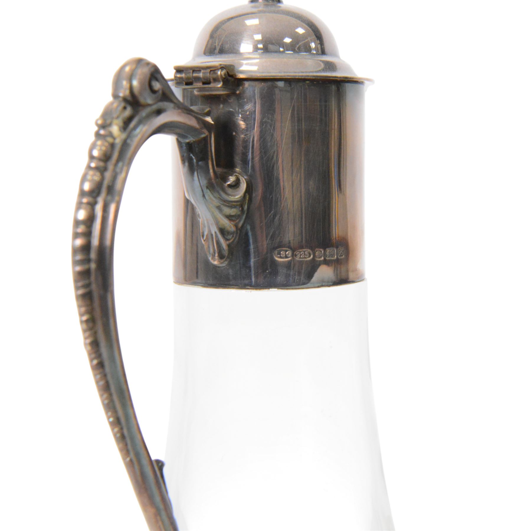 Silver mounted glass claret jug, with etched personalisation to body, hallmarked, H30cm