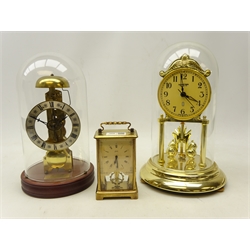  Late 20th century brass skeleton clock striking on the hour on plinth with glass dome (H29cm), 'Master Quartz' torsion type clock under glass dome and 'Schatz' carriage clock  