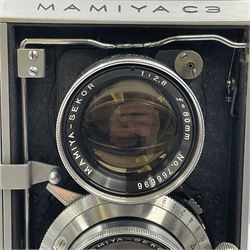 Mamiyaflex C3 TLR camera body, serial no. 215034, with 'Mamiya Sekor 1:2.8 f80mm' lens serial no. 765932