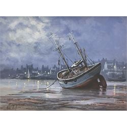 Eric Simpson (Late 20th century): Beached Fishing Boat at Midnight, oil on board signed 37cm x 50cm