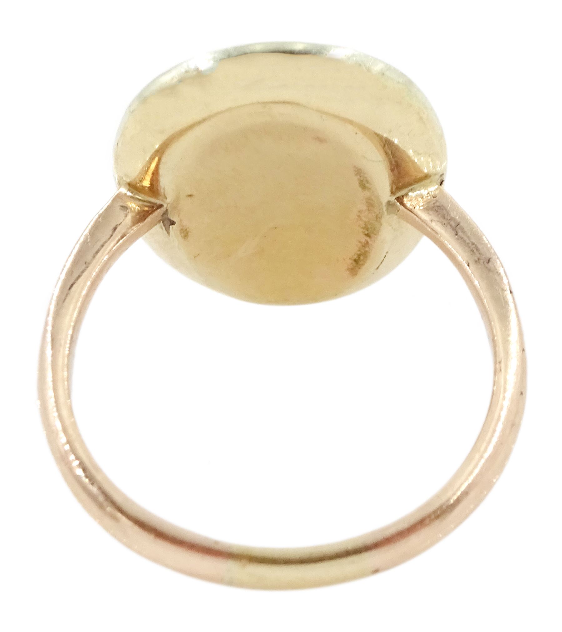 19th century 9ct gold diamond portrait ring, set with an oval miniature of a woman in 18th century dress on ivory, under a glazed panel, with rose cut diamond surround, on later shank. This lot has been registered for sale under Section 10 of the APHA Ivory Act