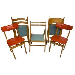 Two side chairs and three folding chairs